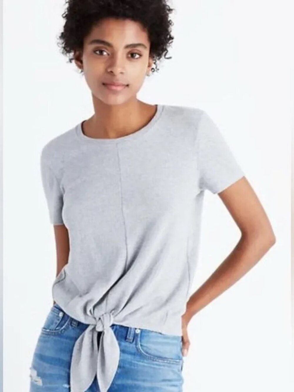 Madewell Modern Tie-Front Cotton Tee Top | Grey | Medium